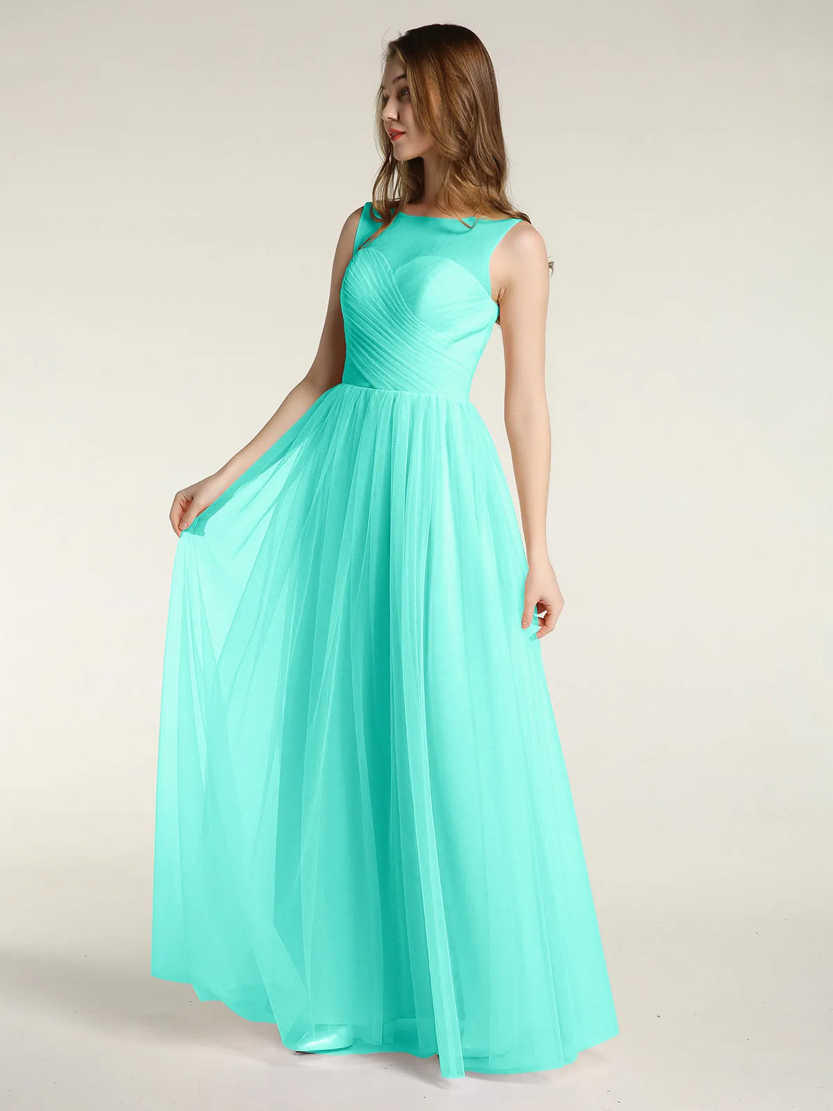 Illusion Neck Cross Tulle Bridesmaid Dresses-Spa