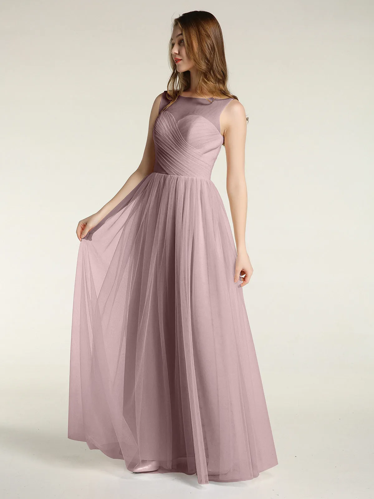 Illusion Neck Cross Tulle Bridesmaid Dresses-Vintage Mauve Plus Size
