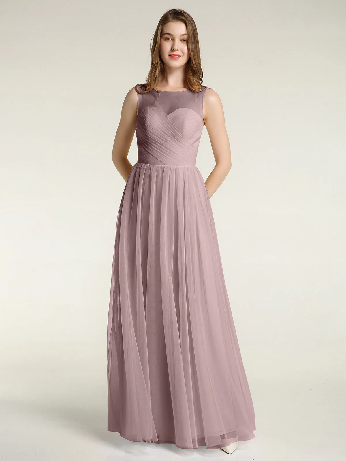 Illusion Neck Cross Tulle Bridesmaid Dresses-Vintage Mauve Plus Size