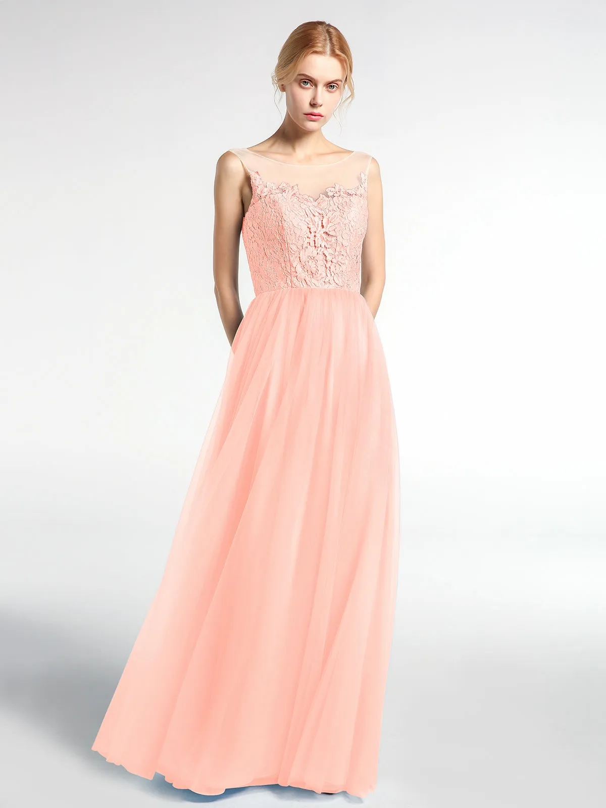Illusion Neckline Lace and Tulle Maxi Dress-Coral