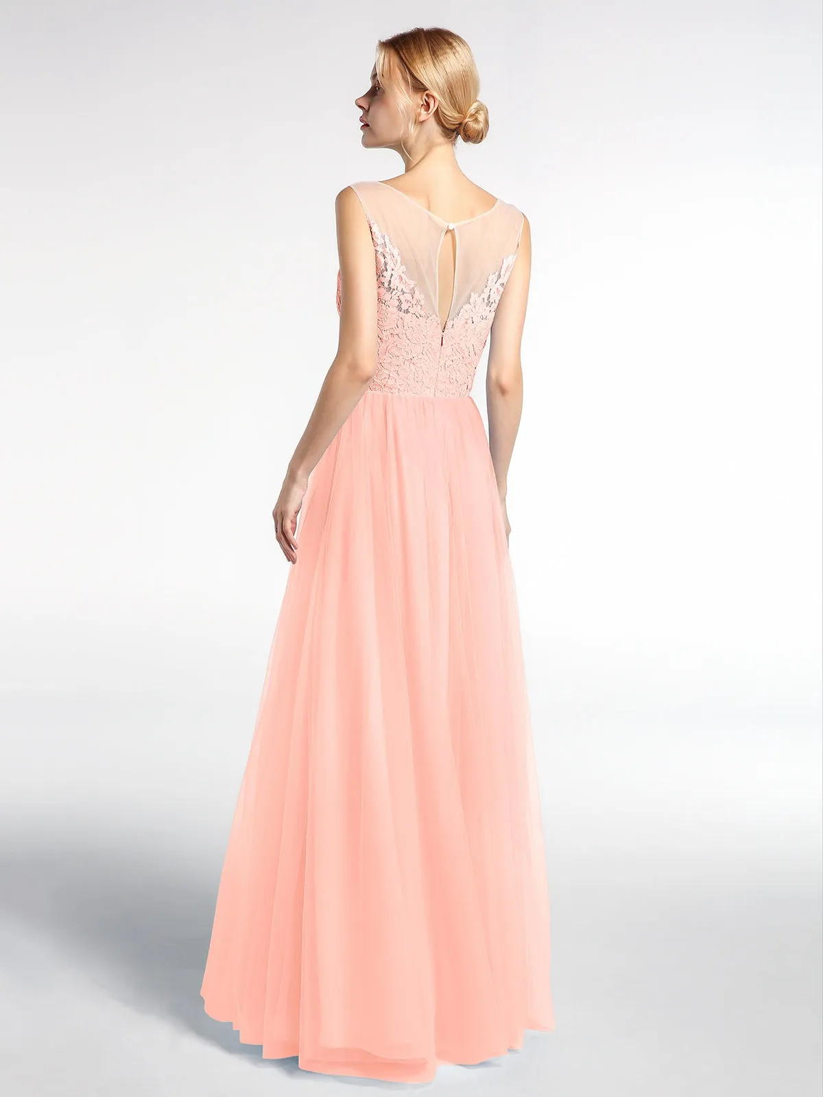 Illusion Neckline Lace and Tulle Maxi Dress-Coral