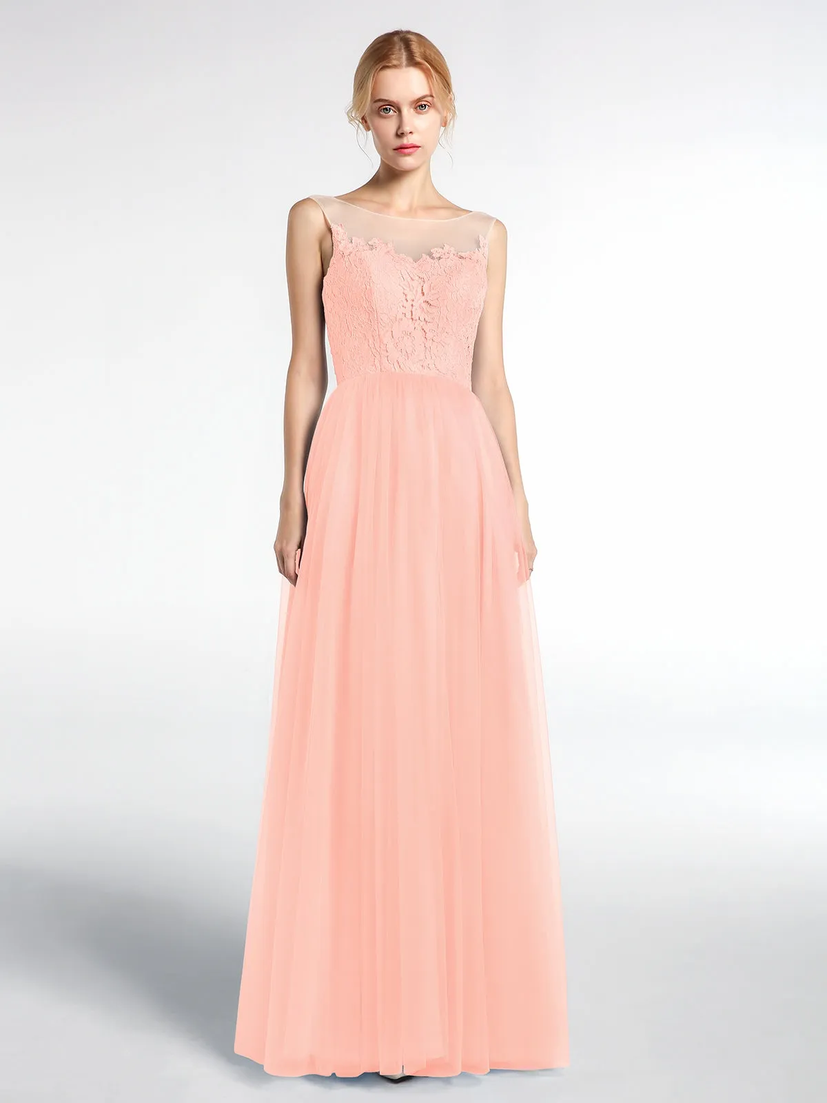 Illusion Neckline Lace and Tulle Maxi Dress-Coral