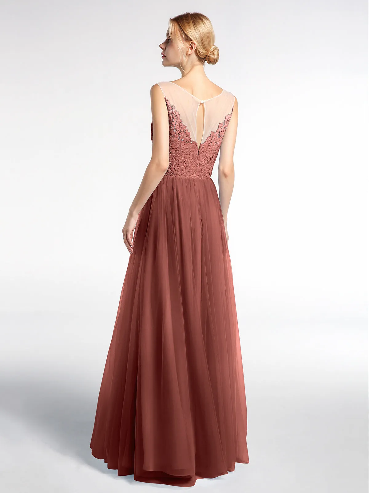 Illusion Neckline Lace and Tulle Maxi Dress-Terracotta