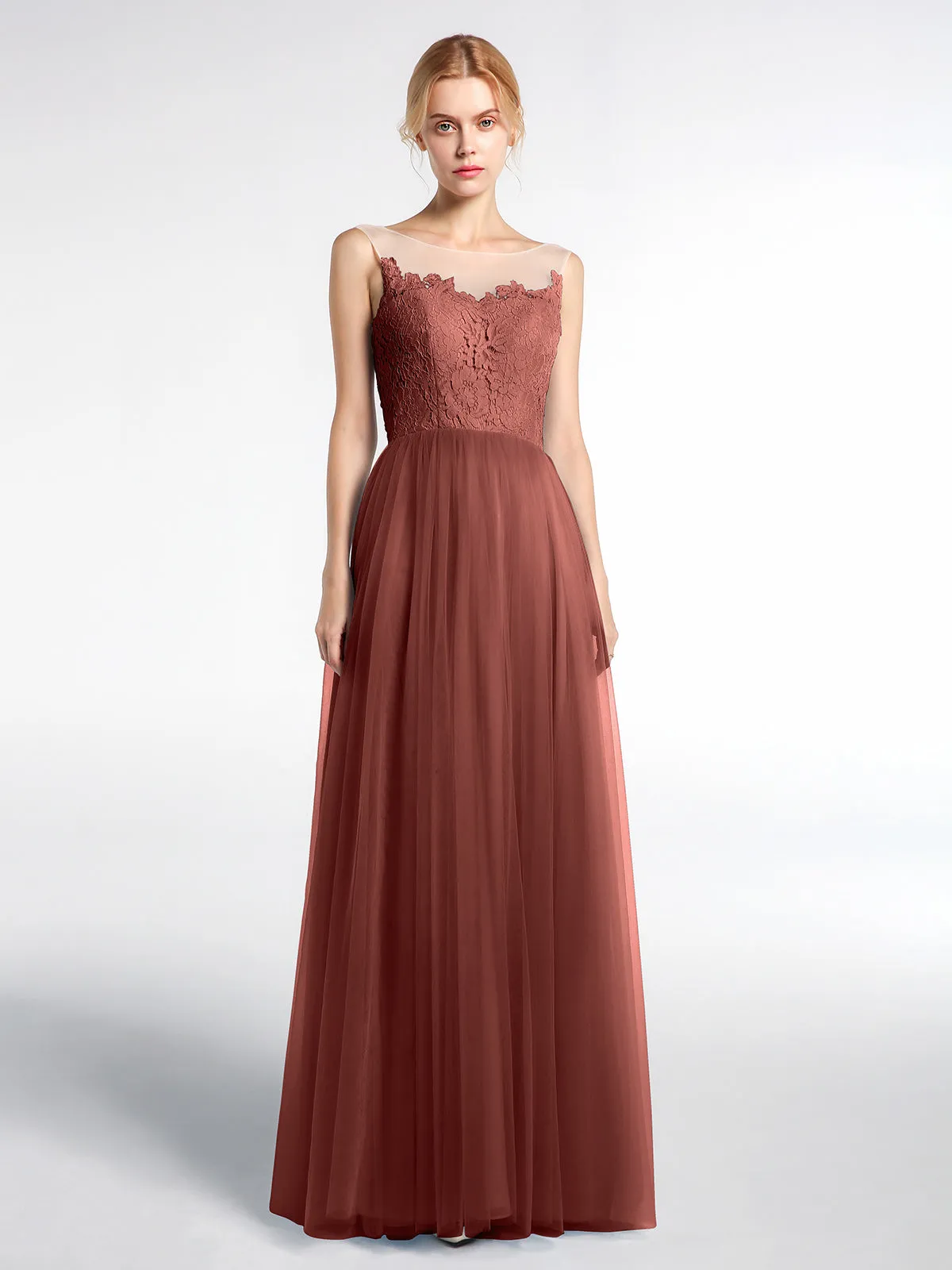 Illusion Neckline Lace and Tulle Maxi Dress-Terracotta