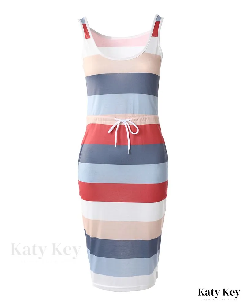 KatyKey - Chic Colorblock Striped Print Drawstring Sleeveless Dress for Effortless Casual Style