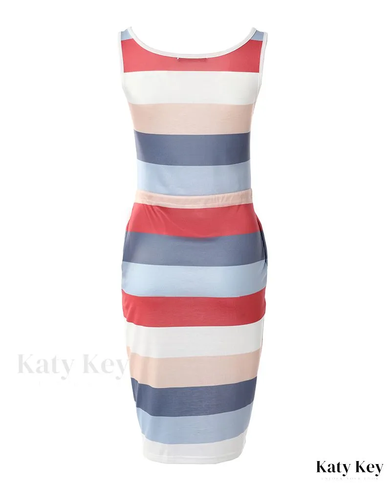 KatyKey - Chic Colorblock Striped Print Drawstring Sleeveless Dress for Effortless Casual Style