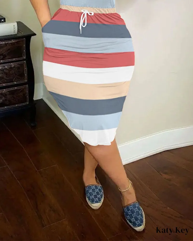 KatyKey - Chic Colorblock Striped Print Drawstring Sleeveless Dress for Effortless Casual Style