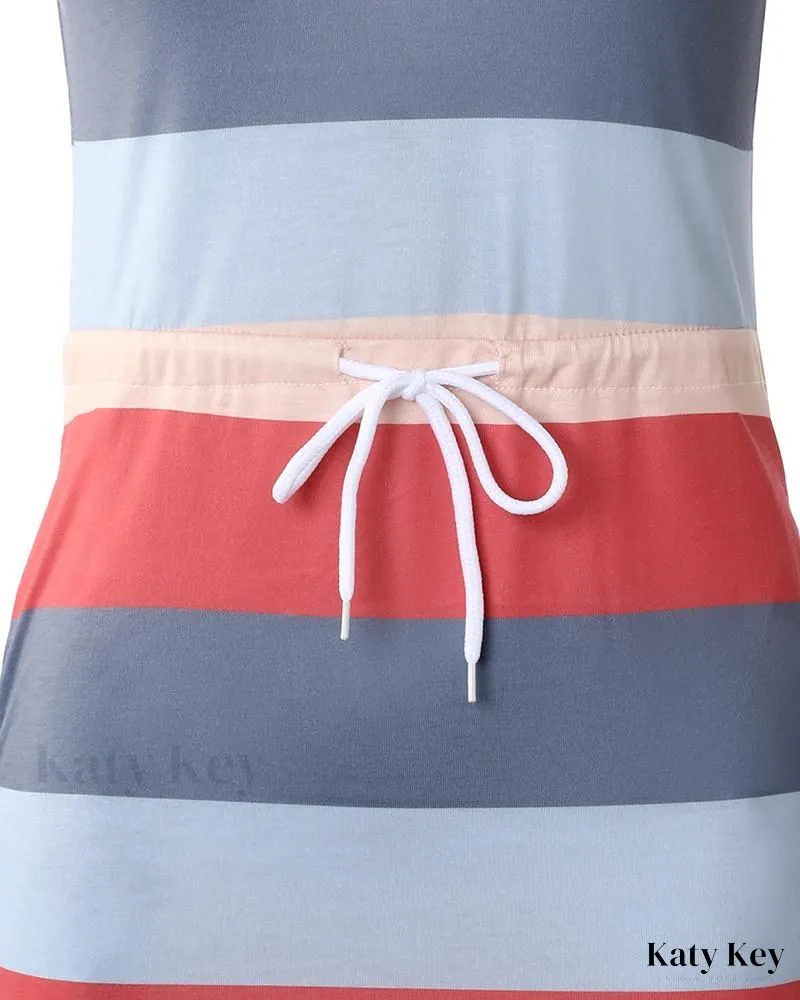 KatyKey - Chic Colorblock Striped Print Drawstring Sleeveless Dress for Effortless Casual Style