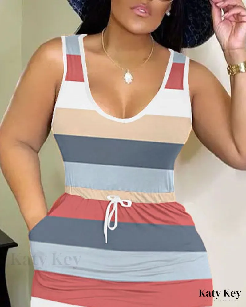 KatyKey - Chic Colorblock Striped Print Drawstring Sleeveless Dress for Effortless Casual Style