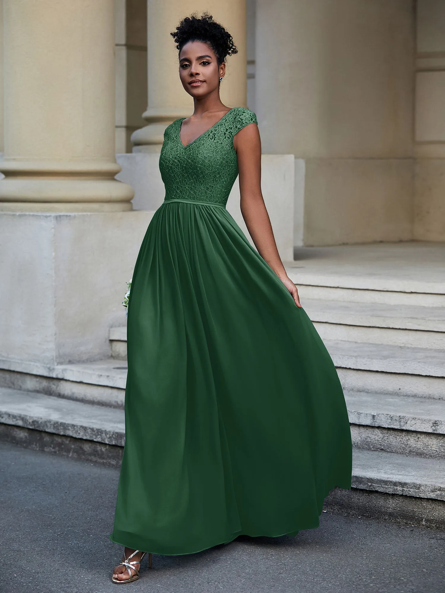 Lace and Chiffon Maxi Dress with Cap Sleeves-Dark Green