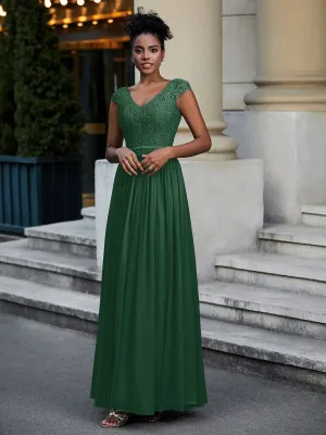 Lace and Chiffon Maxi Dress with Cap Sleeves-Dark Green