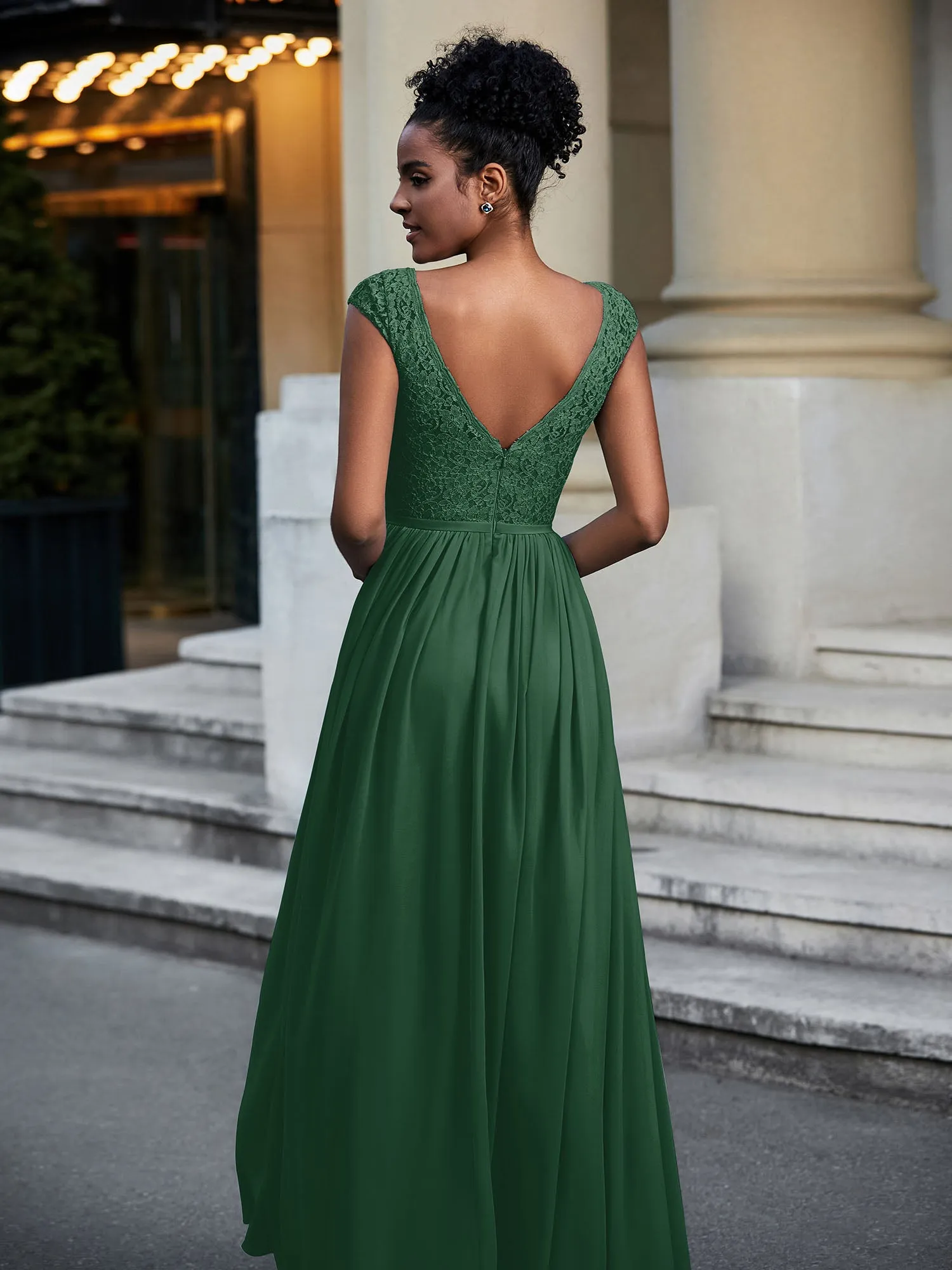 Lace and Chiffon Maxi Dress with Cap Sleeves-Dark Green