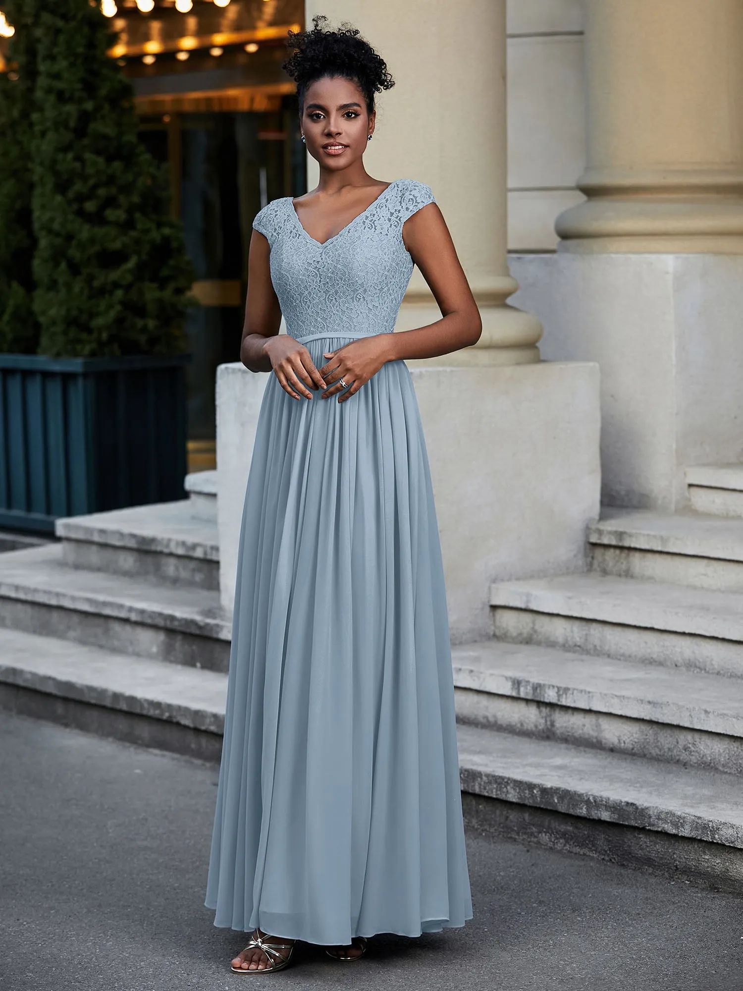 Lace and Chiffon Maxi Dress with Cap Sleeves-Dusty Blue Plus Size