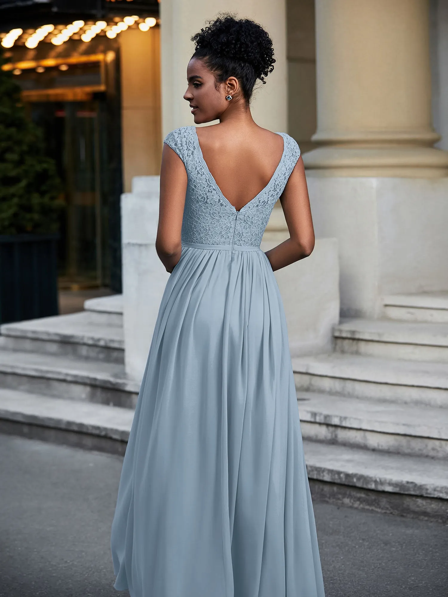 Lace and Chiffon Maxi Dress with Cap Sleeves-Dusty Blue Plus Size