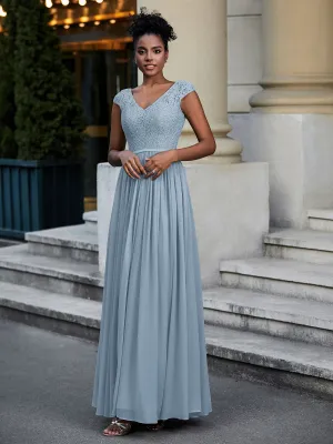 Lace and Chiffon Maxi Dress with Cap Sleeves-Dusty Blue Plus Size