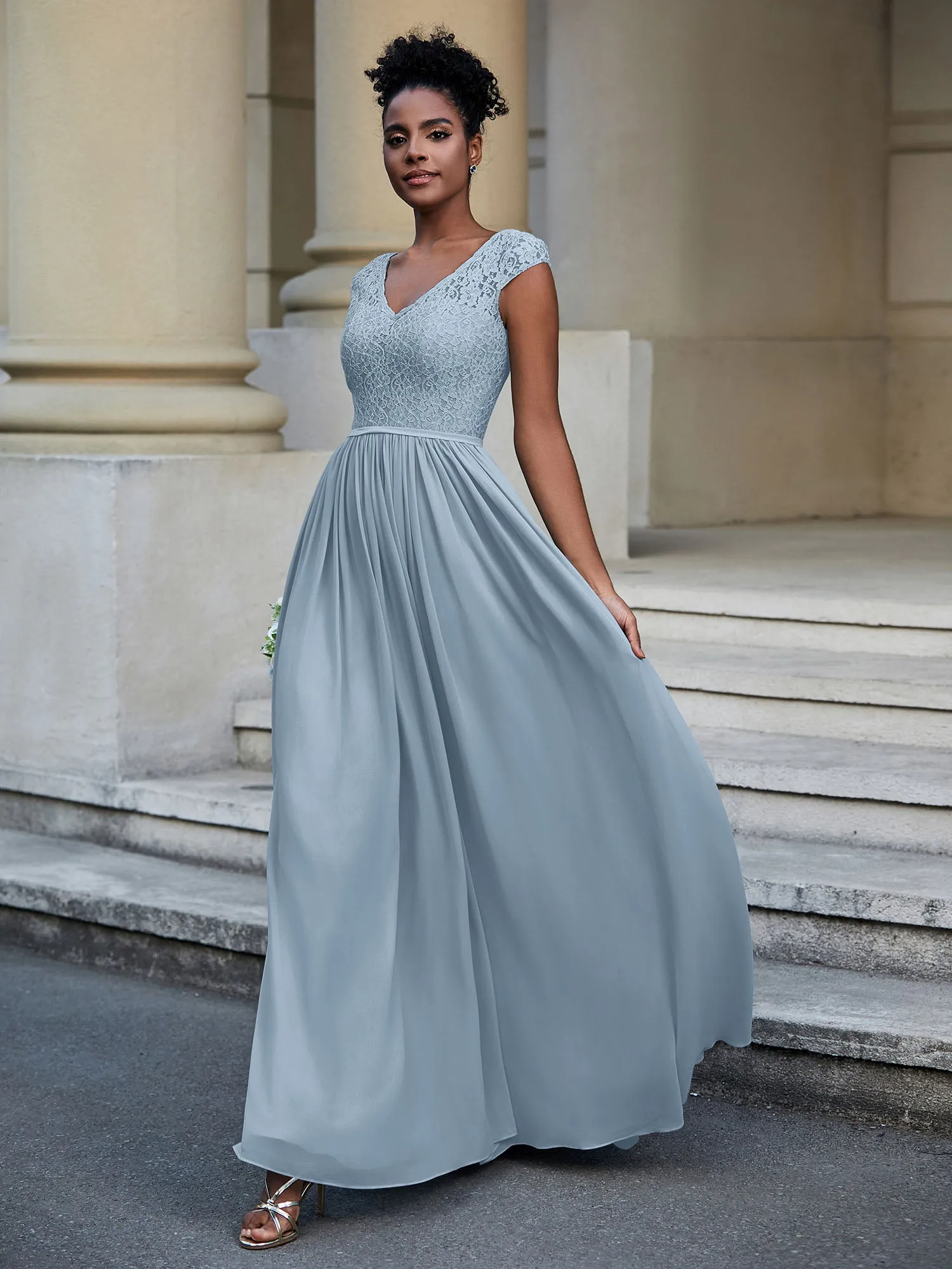 Lace and Chiffon Maxi Dress with Cap Sleeves-Dusty Blue Plus Size