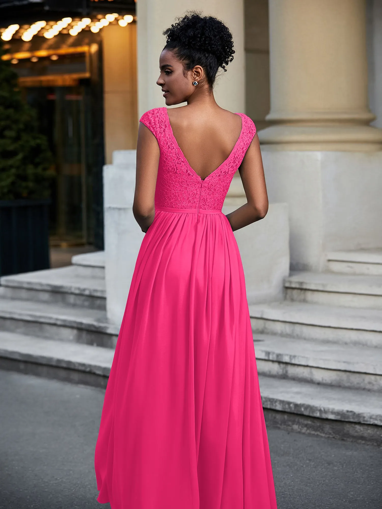 Lace and Chiffon Maxi Dress with Cap Sleeves-Fuchsia Plus Size