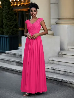 Lace and Chiffon Maxi Dress with Cap Sleeves-Fuchsia Plus Size
