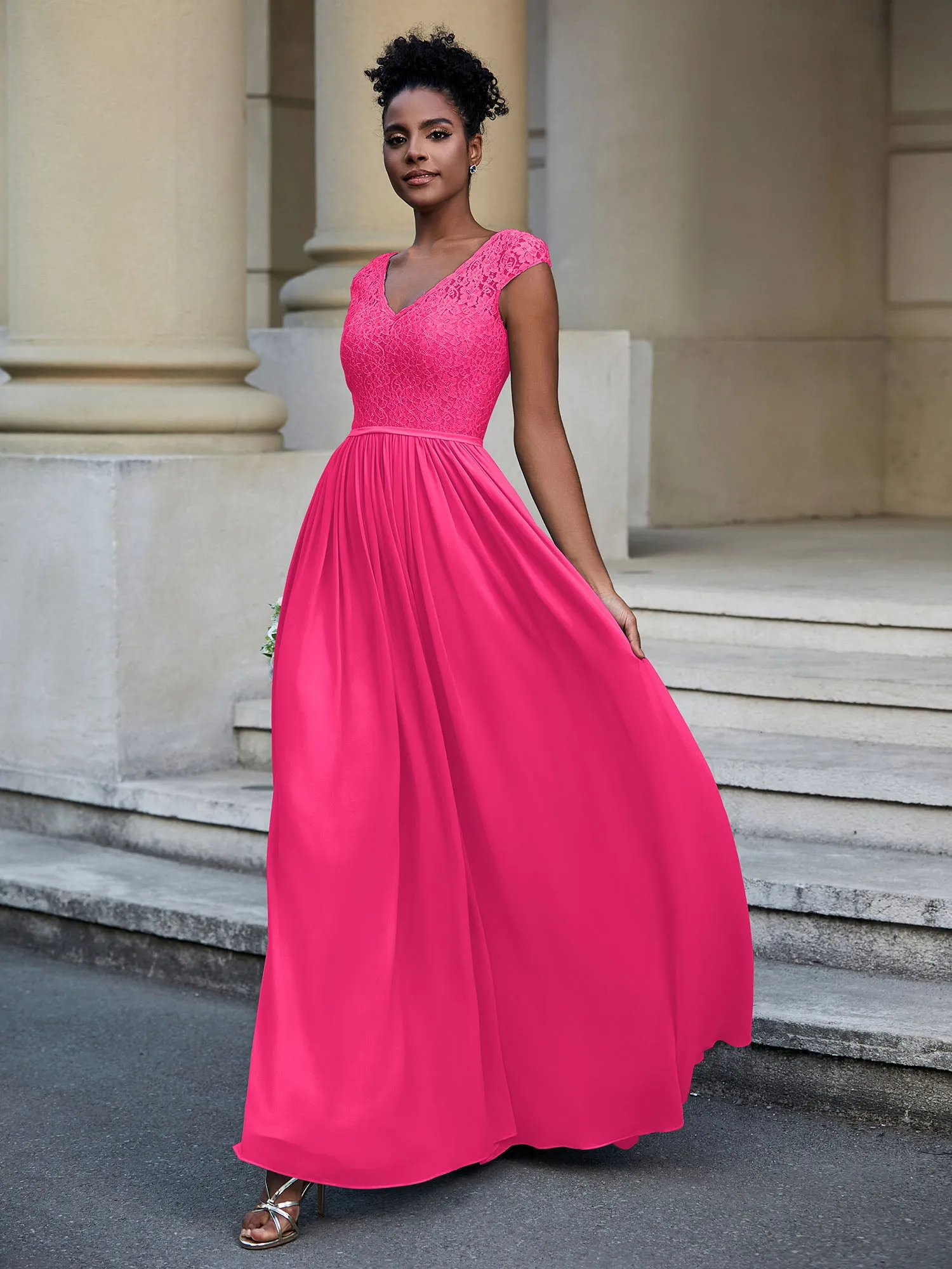 Lace and Chiffon Maxi Dress with Cap Sleeves-Fuchsia Plus Size