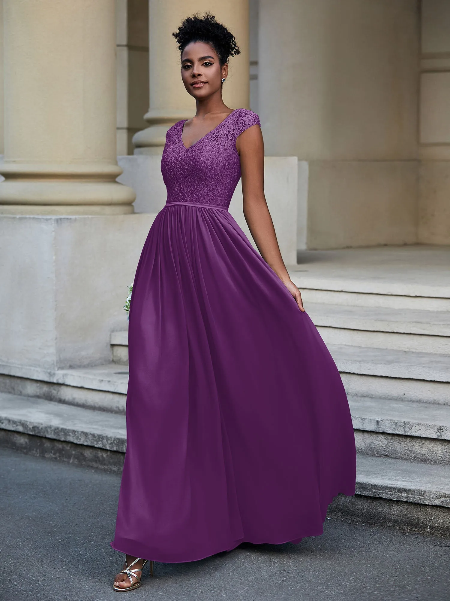 Lace and Chiffon Maxi Dress with Cap Sleeves-Grape