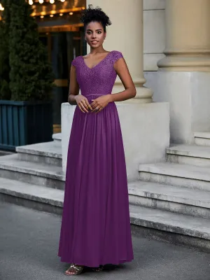 Lace and Chiffon Maxi Dress with Cap Sleeves-Grape