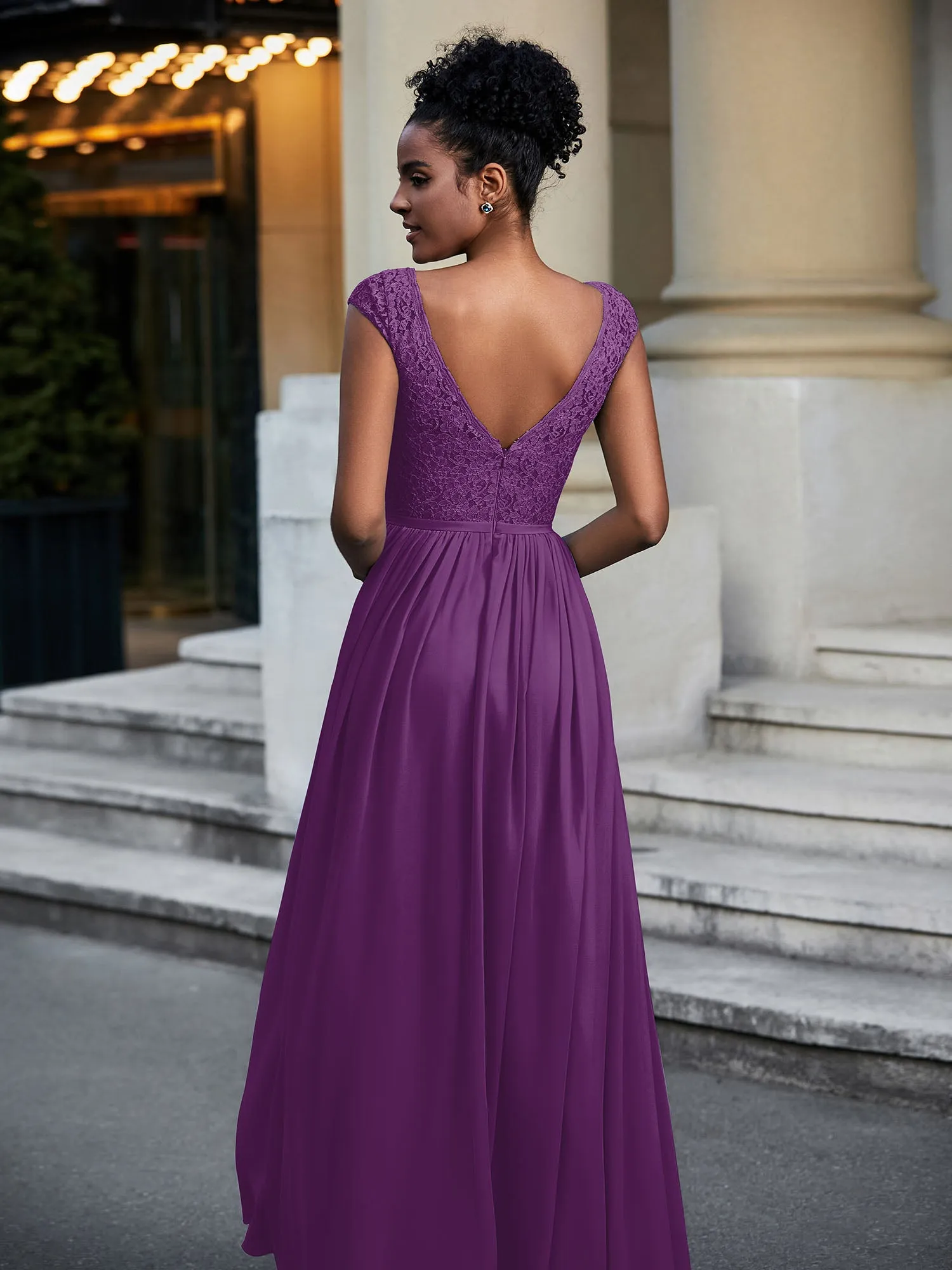 Lace and Chiffon Maxi Dress with Cap Sleeves-Grape
