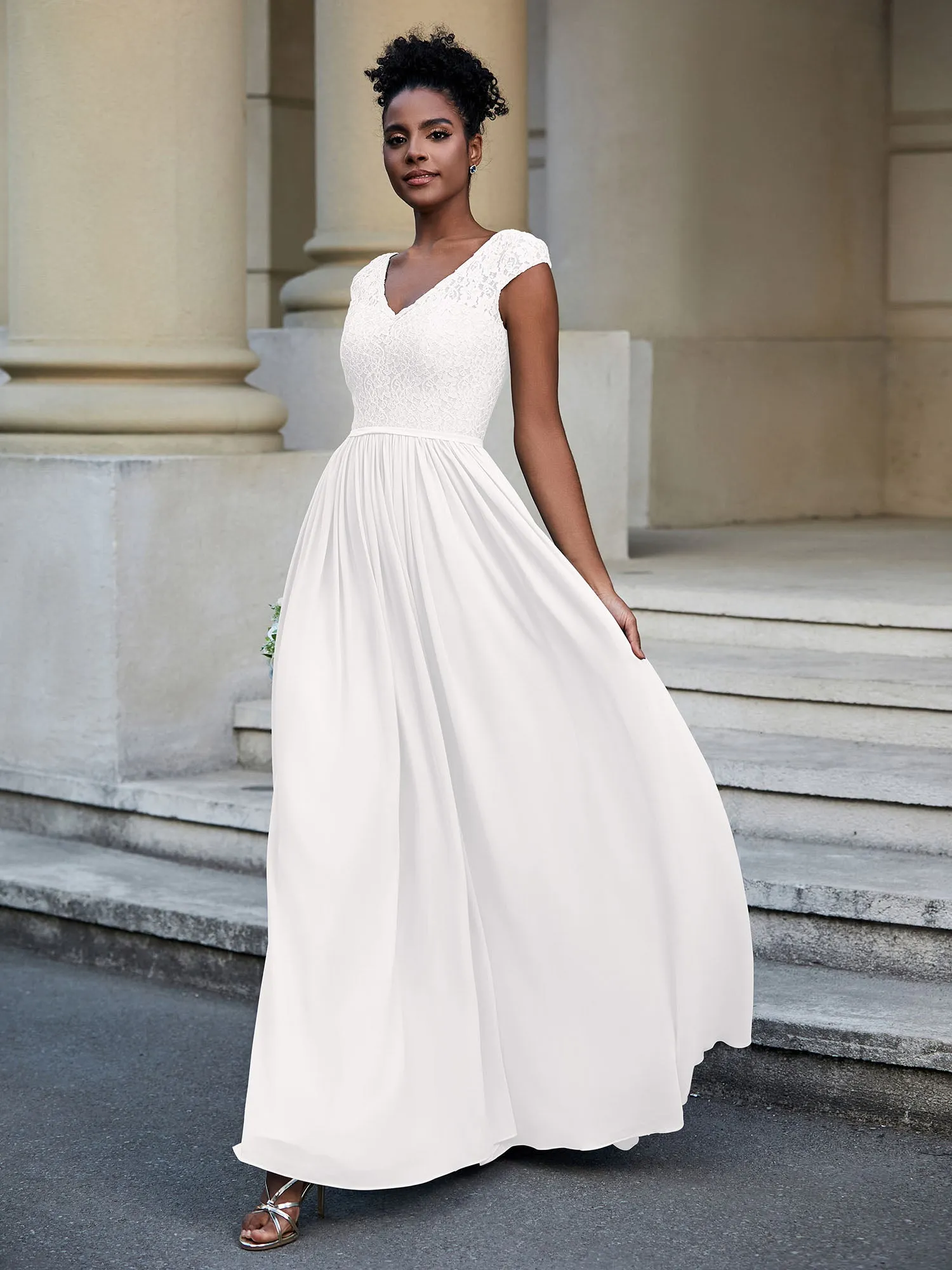 Lace and Chiffon Maxi Dress with Cap Sleeves-Ivory Plus Size