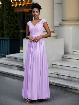 Lace and Chiffon Maxi Dress with Cap Sleeves-Lilac