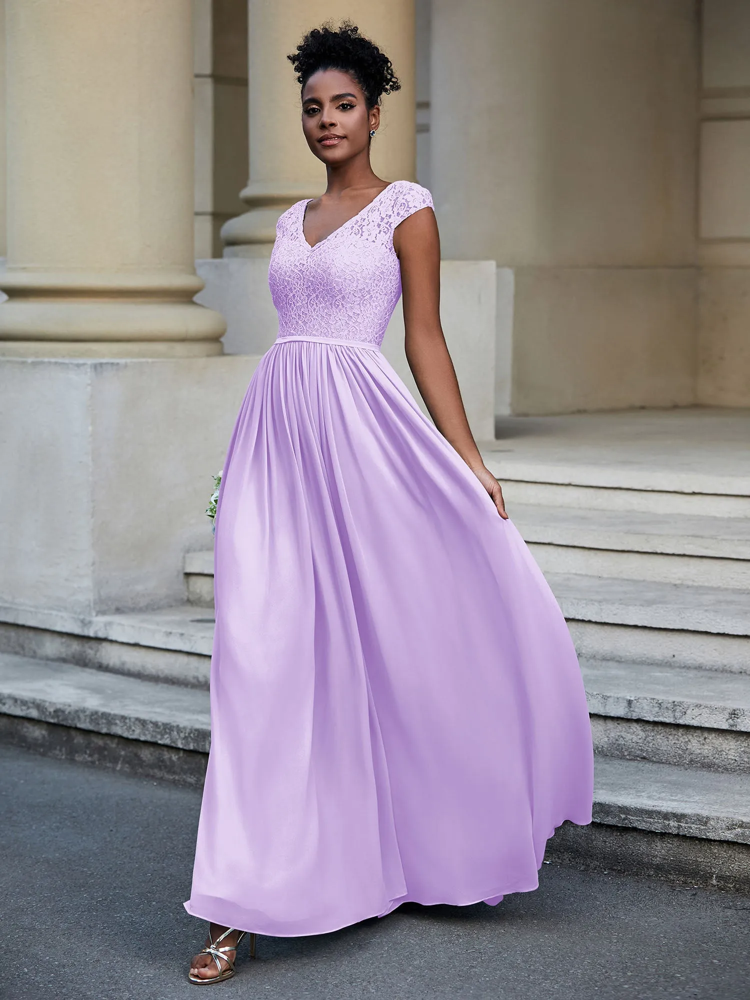 Lace and Chiffon Maxi Dress with Cap Sleeves-Lilac