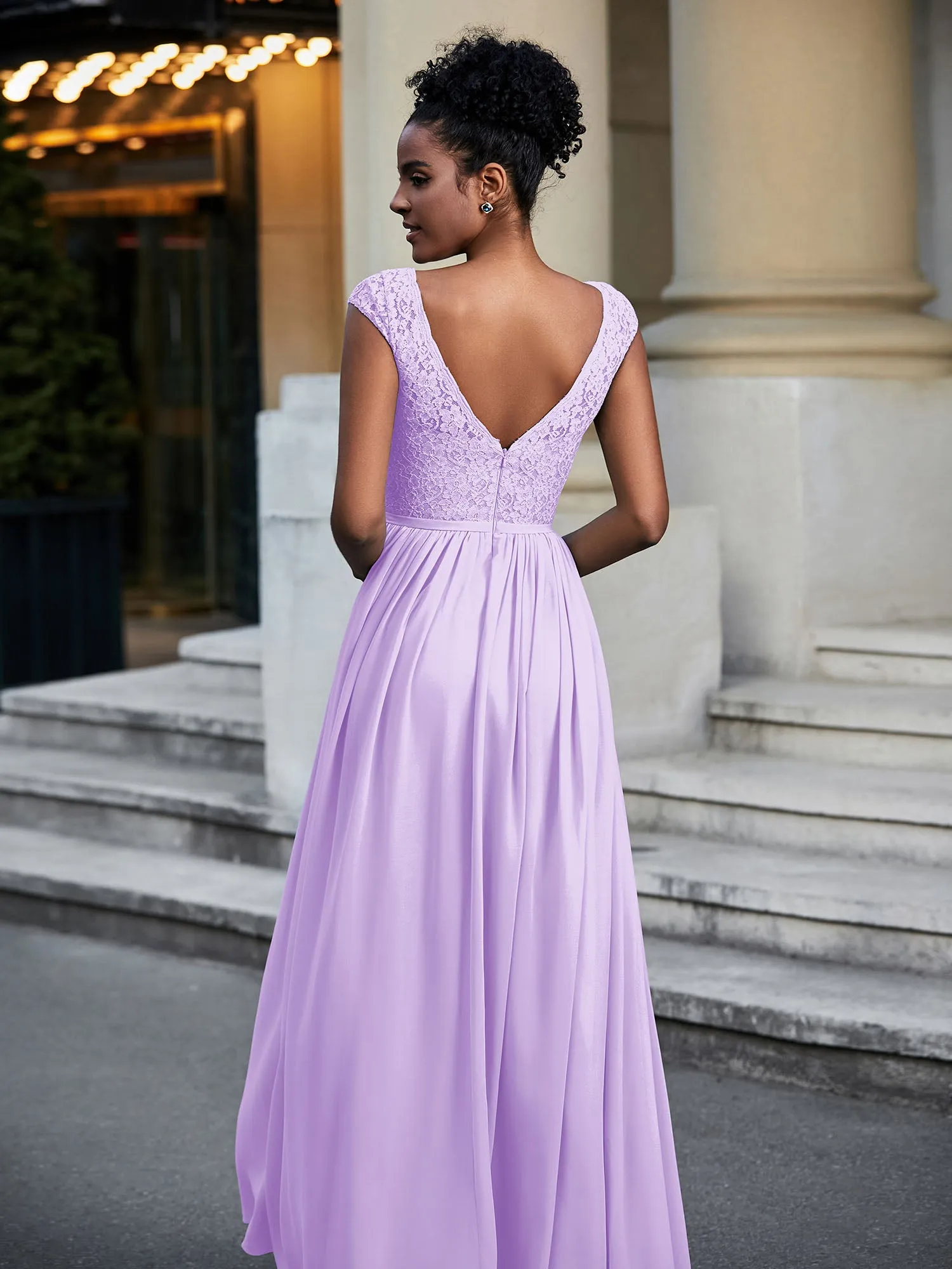 Lace and Chiffon Maxi Dress with Cap Sleeves-Lilac
