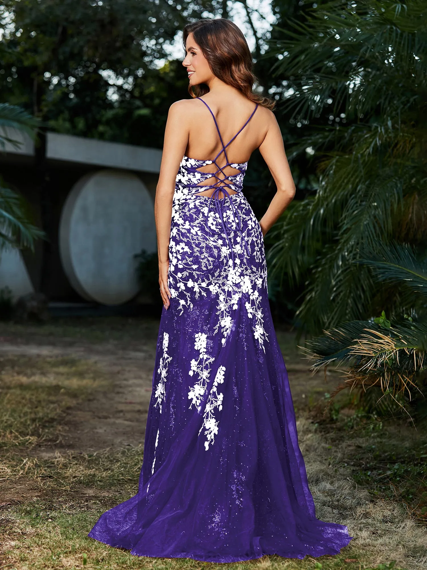 Lace Applique High Slit Fitted Tulle Dress Regency