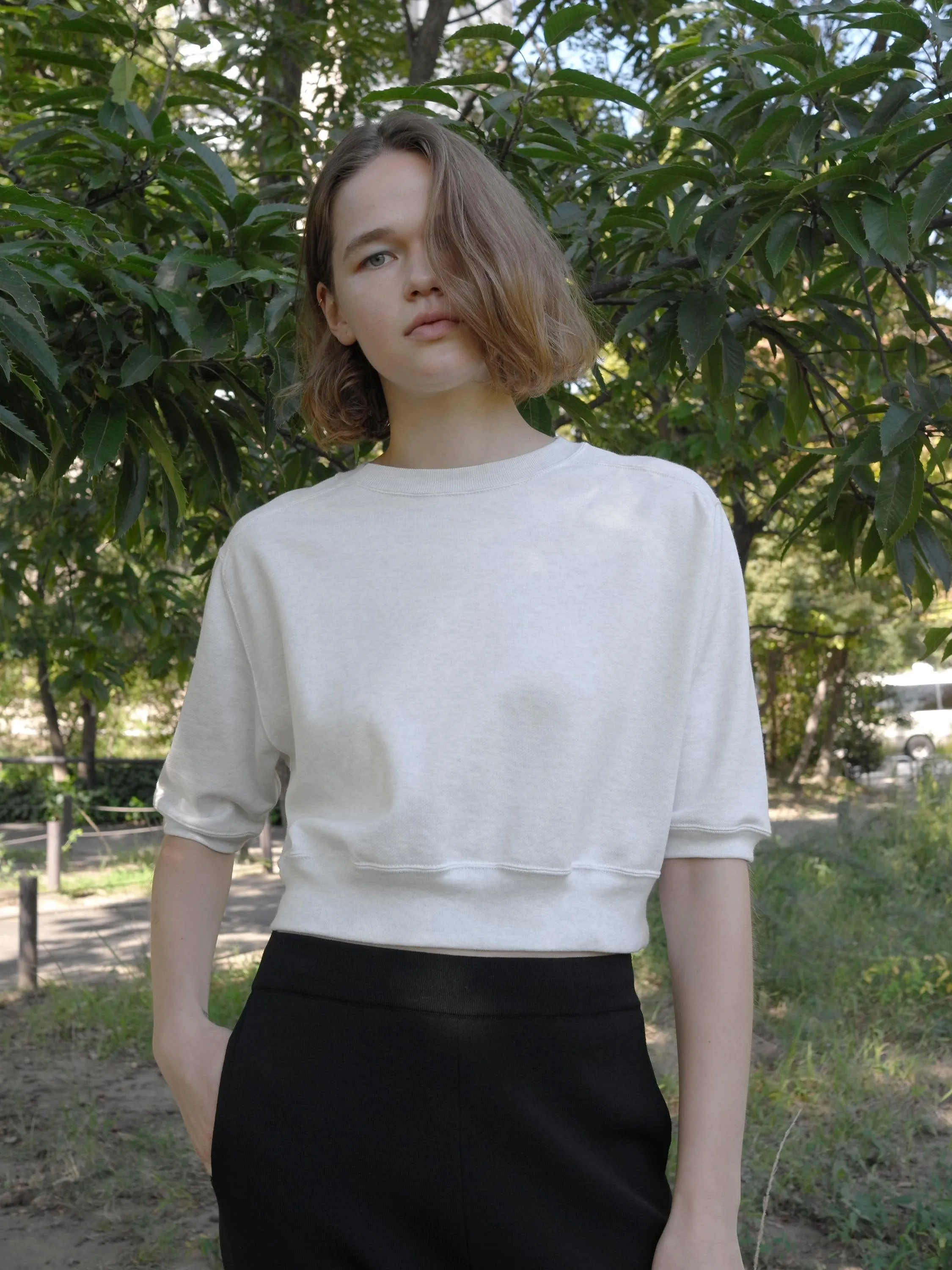 Light Flowy Sweat Half Sleeve Crop Pullover - Light Green