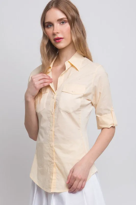 Light Yellow Solid Contrast Button Down Panel Shirt