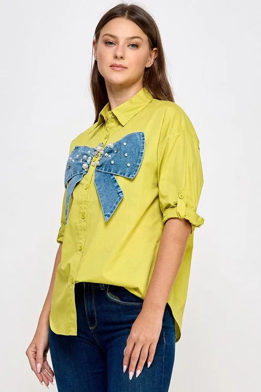 Lime Big Denim Ribbon N Rhinestone Shirt