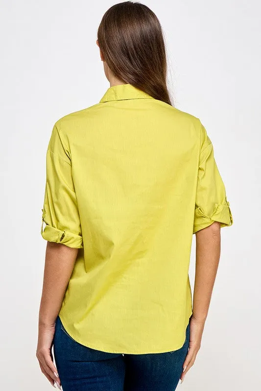 Lime Big Denim Ribbon N Rhinestone Shirt