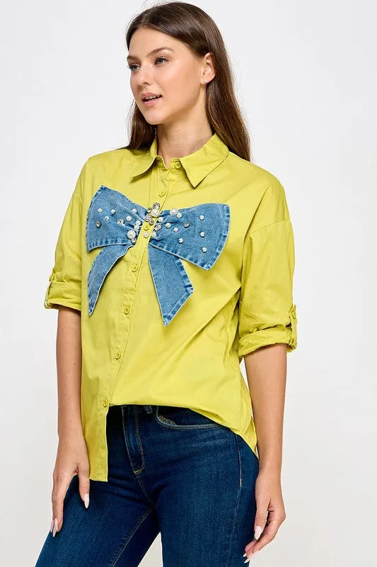 Lime Big Denim Ribbon N Rhinestone Shirt