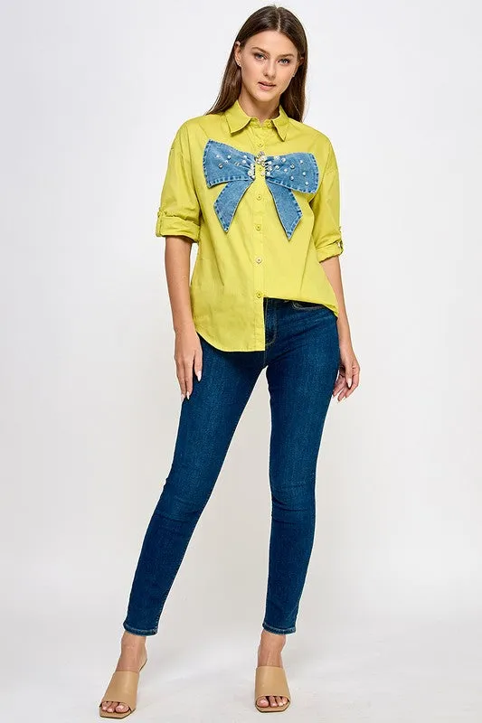 Lime Big Denim Ribbon N Rhinestone Shirt