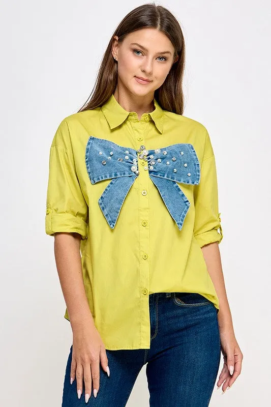 Lime Big Denim Ribbon N Rhinestone Shirt