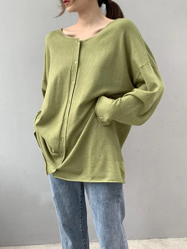 Long Sleeves Loose Buttoned Solid Color V-Neck Cardigan Tops