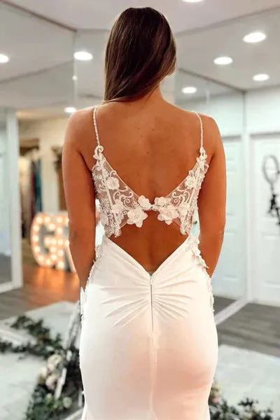 Long V Neck Mermaid Lace 2025 White Prom Dress Open Back Formal Evening Dress