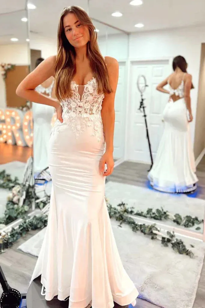 Long V Neck Mermaid Lace 2025 White Prom Dress Open Back Formal Evening Dress