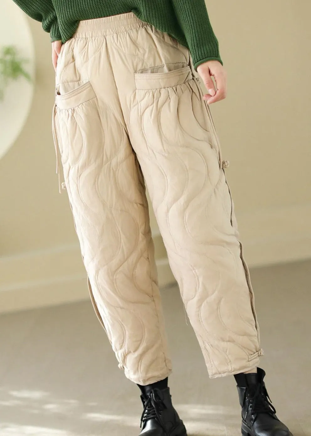 Loose Black Pockets Elastic Waist Thick Warm Pants Winter RK001