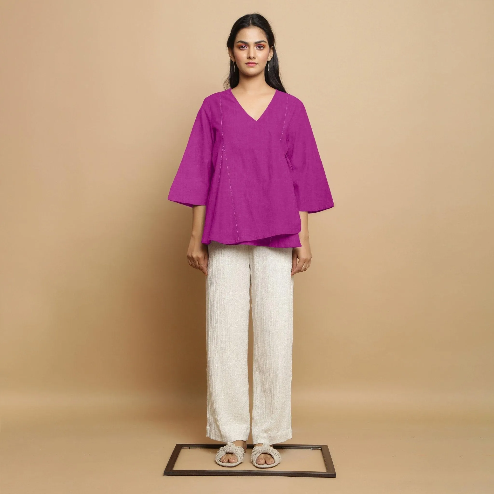 Magenta Embroidered Linen Asymmetrical Godet Top