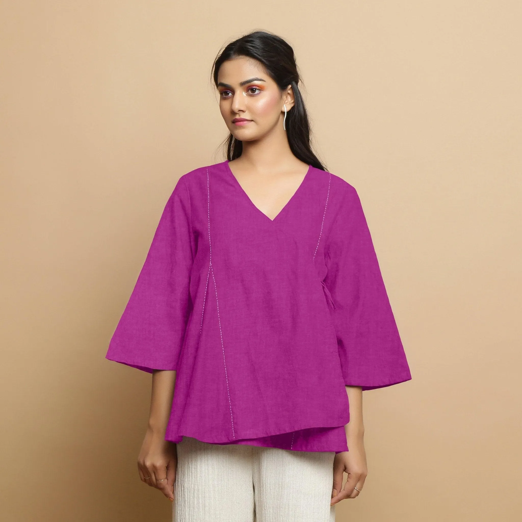 Magenta Embroidered Linen Asymmetrical Godet Top