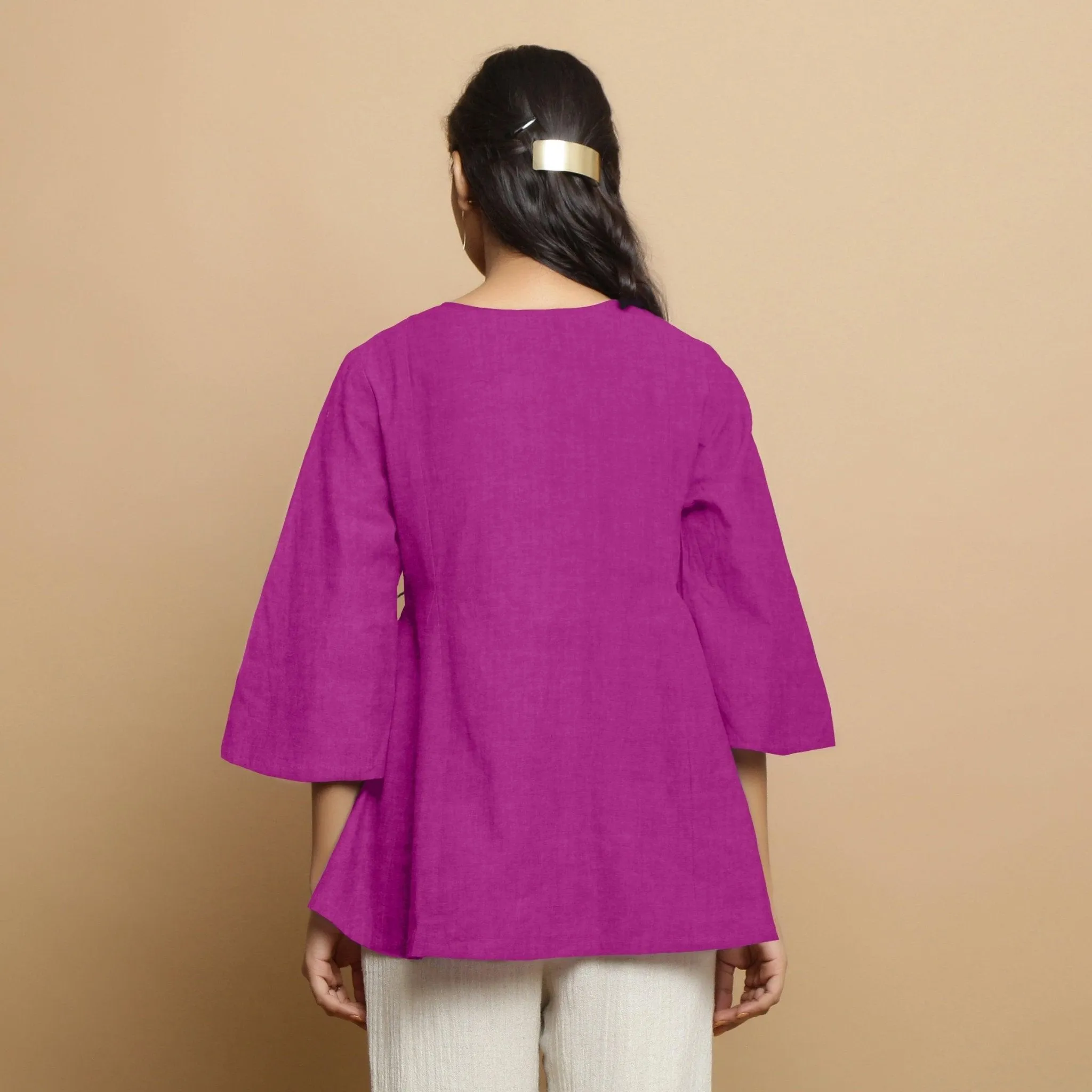 Magenta Embroidered Linen Asymmetrical Godet Top