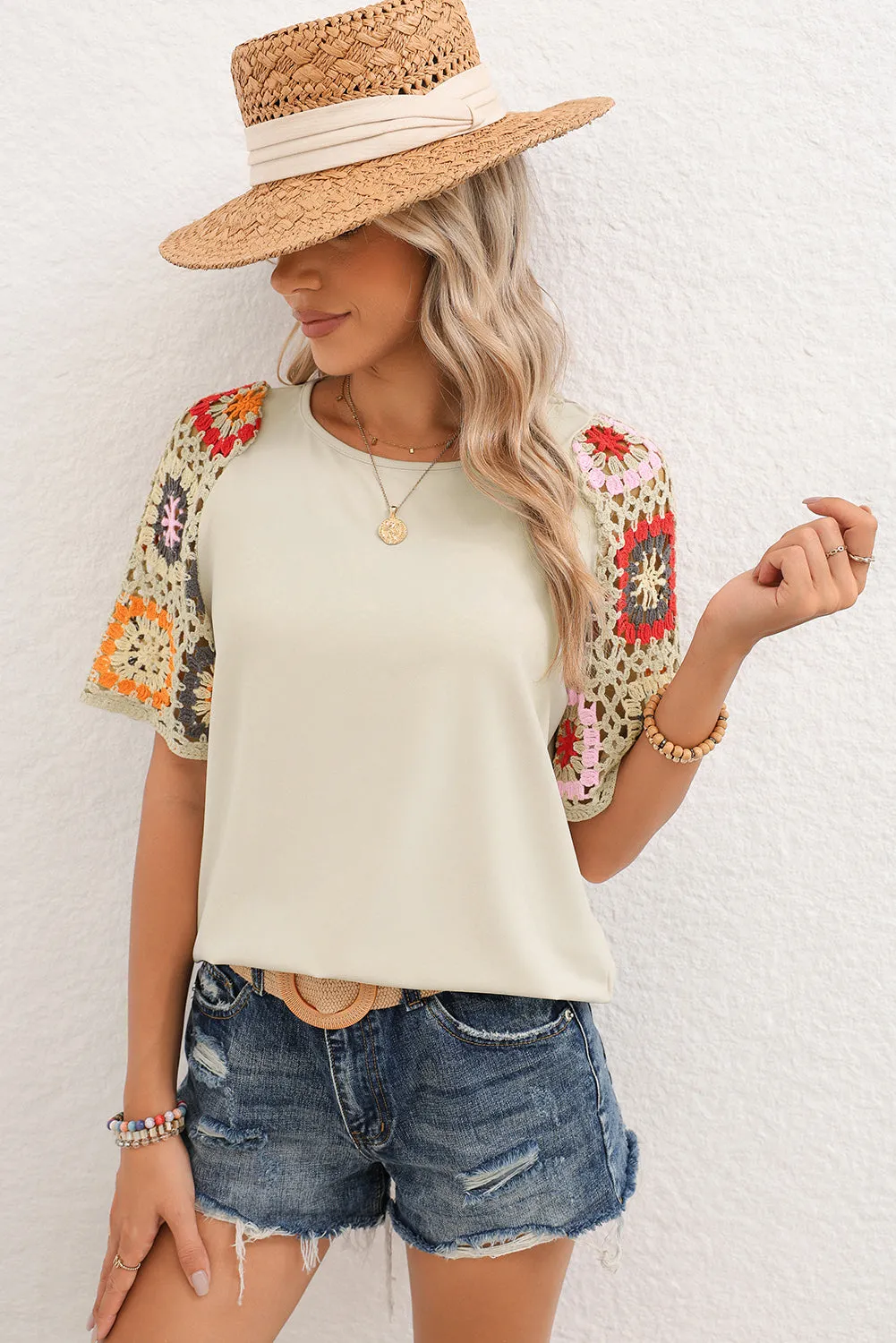 Medium Grey Floral Crochet Short Sleeve Top
