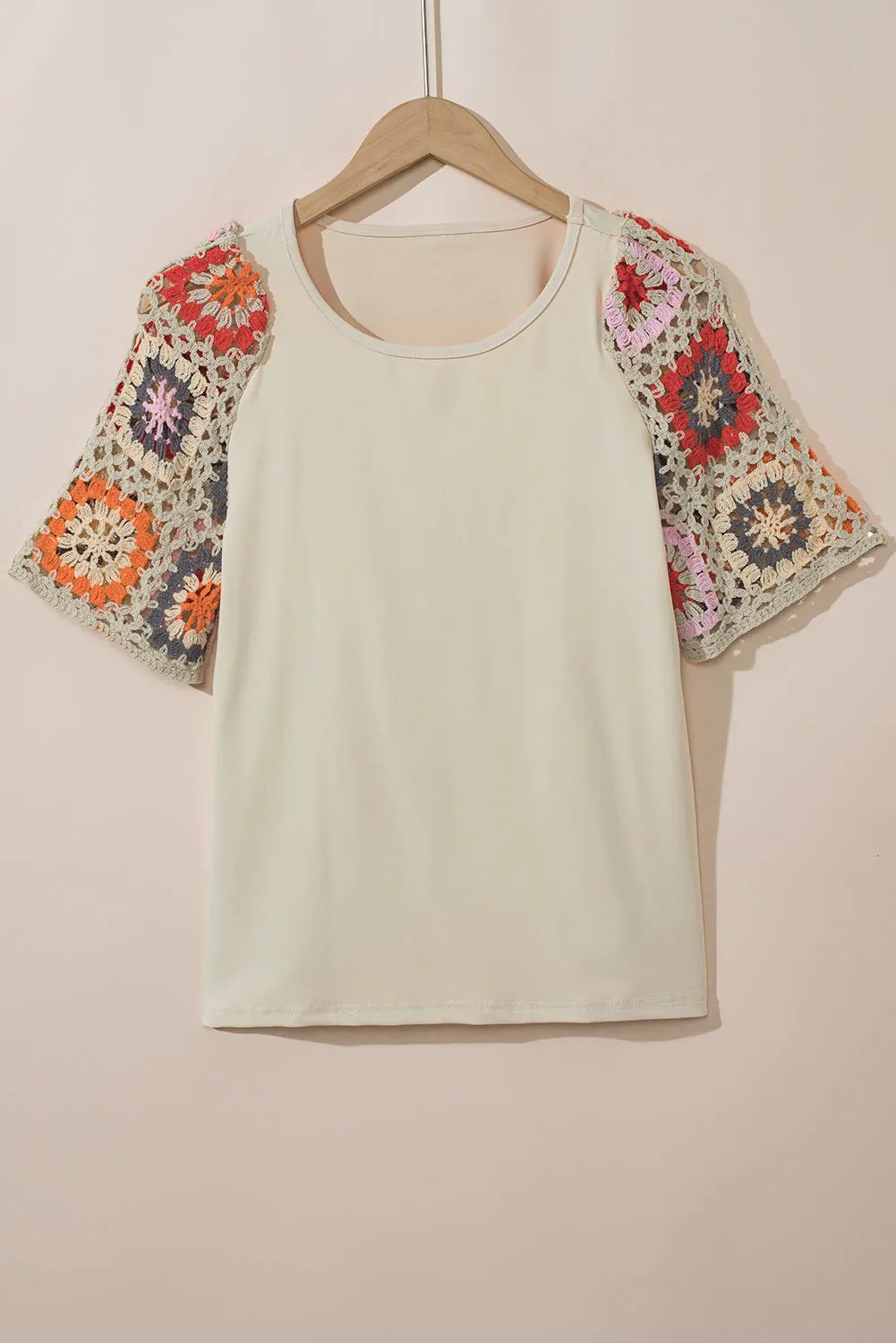 Medium Grey Floral Crochet Short Sleeve Top