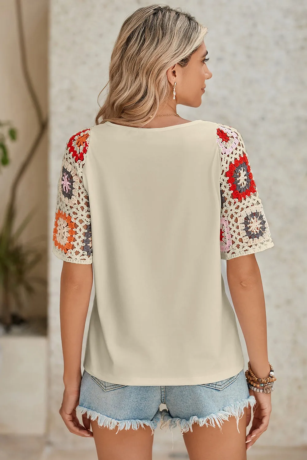 Medium Grey Floral Crochet Short Sleeve Top