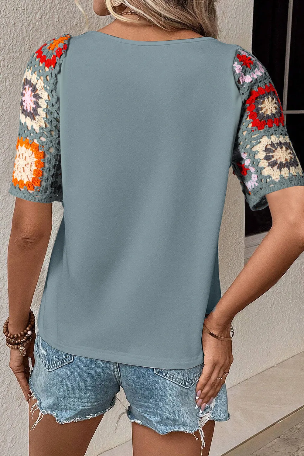 Medium Grey Floral Crochet Short Sleeve Top