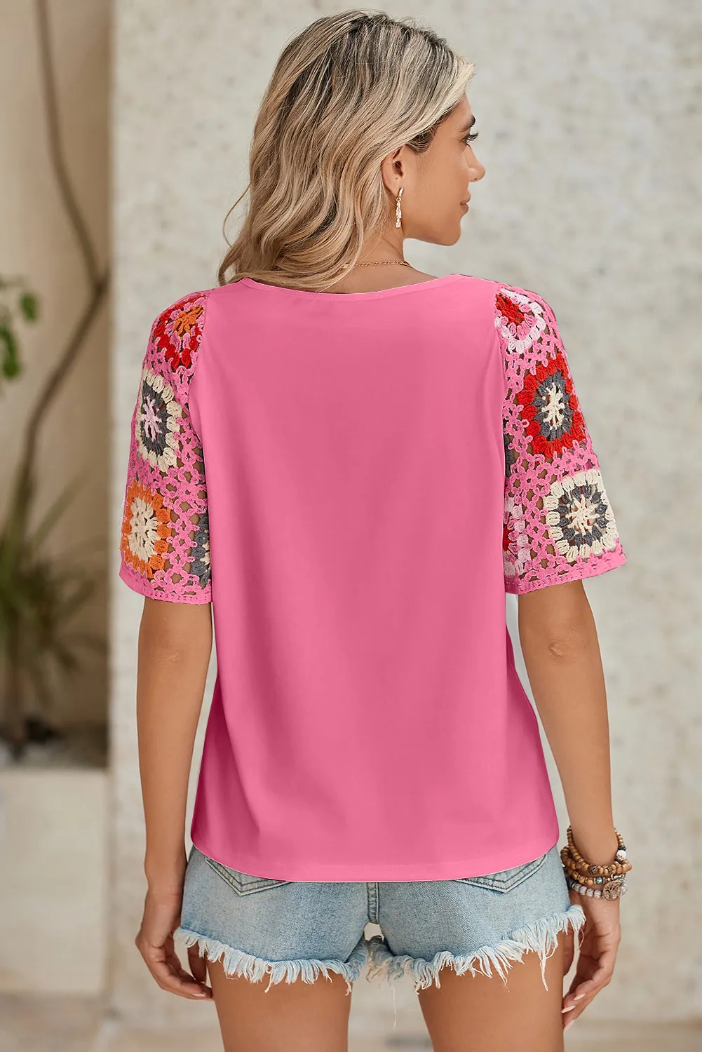 Medium Grey Floral Crochet Short Sleeve Top